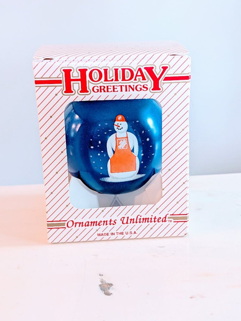 VTG 2005 Home Depot Blue Glass Ball Christmas Ornament Snowman USA Boxed Holiday